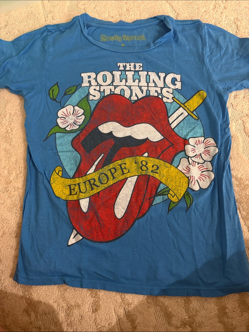 Rowdy Sprout Blue Short Sleeve Tee with Red Tongue & Yellow Banner